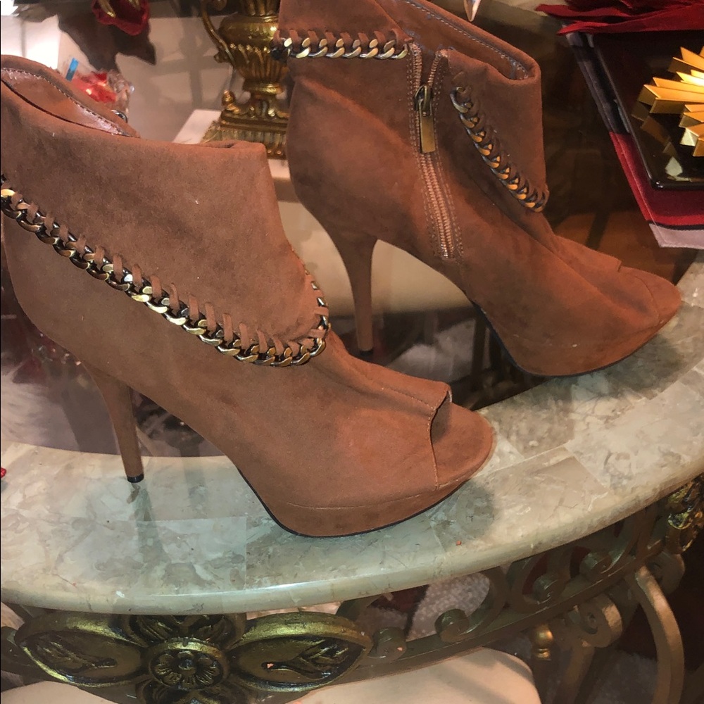 Women’s Brown Suede Peep-Toe Ankle Booties with Chain Detail